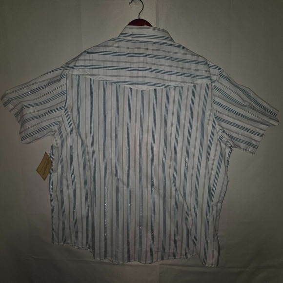 VTG Wrangler Pearl Snap Shirt Mens 2XL Blue Striped Short Sleeve Western Cowboy - Picture 6 of 7